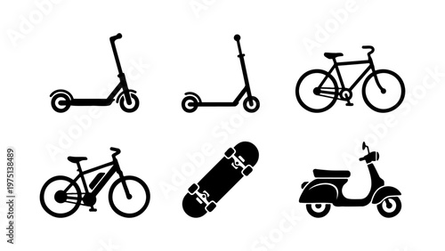 Urban micro-mobility transportation icons set, black silhouette electric scooter and bicycle vector, skateboard and moped symbols for city travel
