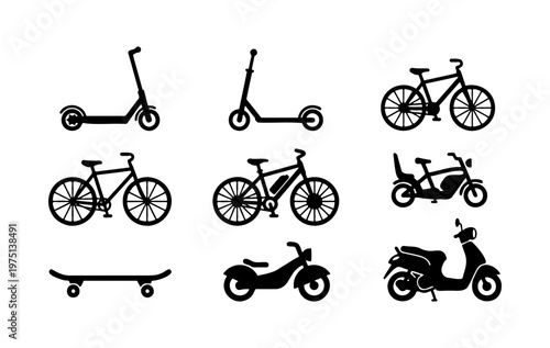 Electric micro-mobility vehicle icons, black silhouette set of 9 transport elements, bicycle and scooter vector graphics for urban commuting