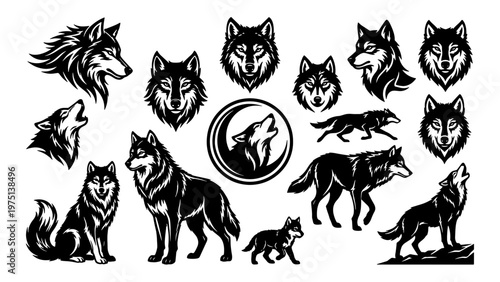 Black wolf head and silhouette vector set, 15 wild animal icons in woodcut style, howling wolf and predator mascot collection for logos