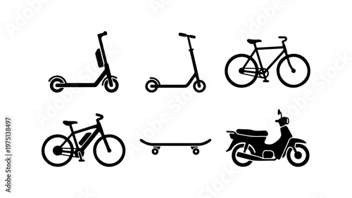 Micro-mobility transportation icons set, black silhouette electric scooter and bicycle vectors, urban personal vehicle collection for city travel