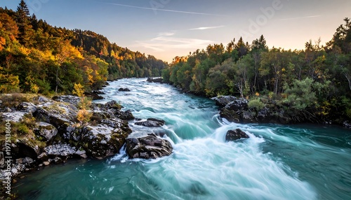 A vibrant shot of a rushing river with rapids, surrounded by lush trees, captured during a beautiful sunset