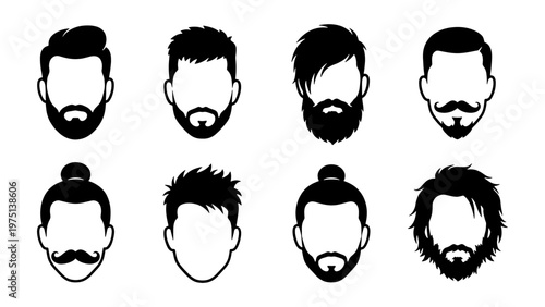 Barbershop hair and beard styles vector set, 8 male grooming icons with diverse hairstyles and facial hair, masculine silhouette head avatars
