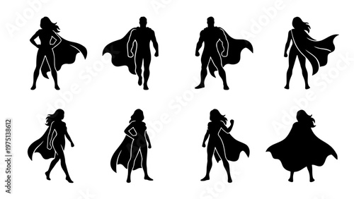 Superhero silhouette collection, set of 8 male and female hero characters with capes, black comic book figures in powerful poses