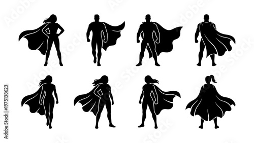 Superhero silhouette collection with 8 male and female characters, heroic figures with capes in action poses, black vector icons for comic design