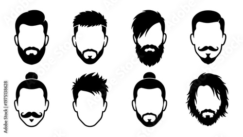 Barber shop hair and beard styles, set of 8 male facial hair silhouettes, masculine grooming icons and hipster hairstyle vector collection