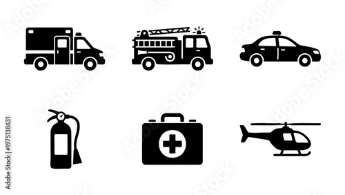 Emergency services icon set with 6 black vector elements, first responder vehicle silhouettes, fire truck and ambulance symbols for safety apps