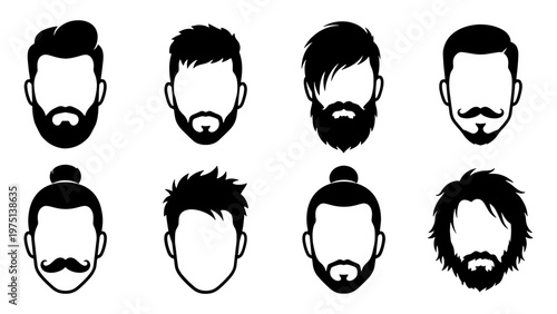 Barbershop hairstyle icons set, male beard and mustache silhouettes, 8 men hair style vector elements for grooming salon branding