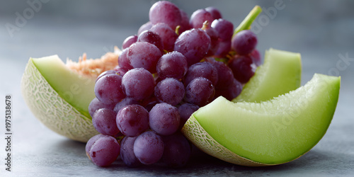 Fresh grapes and melon slices arranged together, a picture of natural refreshment and vibrant colors. The grapes are a deep purple, and the melon slices are a light green.