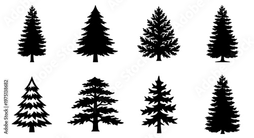 Pine tree silhouettes collection, 8 evergreen conifer vector elements, black forest fir and spruce icons, minimalist nature landscape graphics