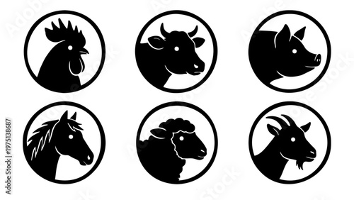 Farm animal silhouette icons set, minimalist livestock head profile vectors, black and white agricultural animal symbols for butcher shop branding