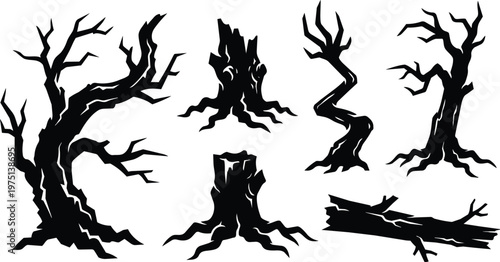 Black silhouette dead trees twisted branches stumps and fallen log vector art flat design