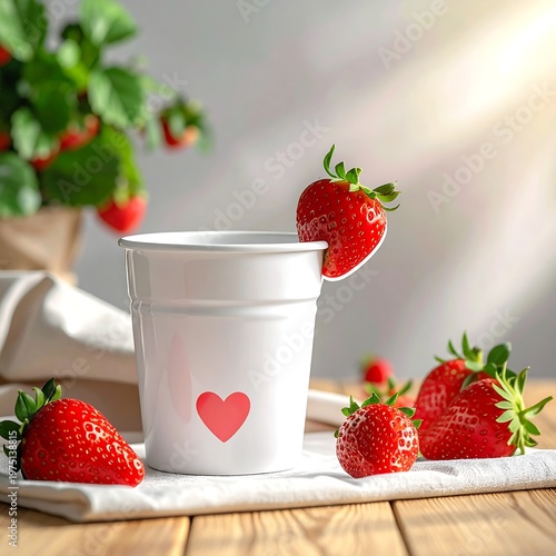 A white bucket, decorated with a heart, holds a strawberry. Fresh berries lay on a wooden surface beside a strawberry plant