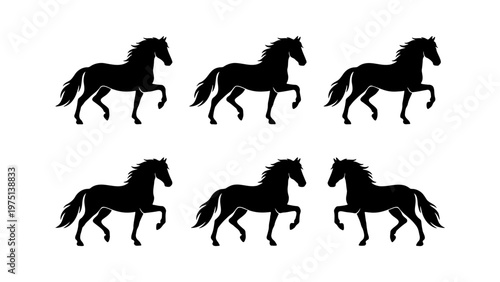 Black horse silhouette collection, set of 6 stallion vector icons, elegant equestrian animal shapes for logo design and ranch branding