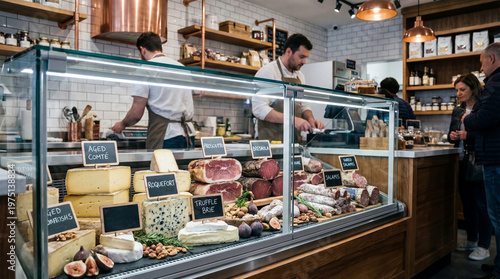 Fotografie A wellstocked deli counter with various cheeses and meats on display in a modern