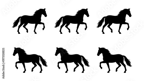 Black horse silhouette set, elegant stallion walking profile icons, 6 equestrian animal vector elements for logo design and ranch branding