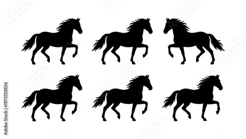 Black horse silhouette collection, set of 6 stallion vector icons, galloping mustang profiles on white background, equestrian animal graphics