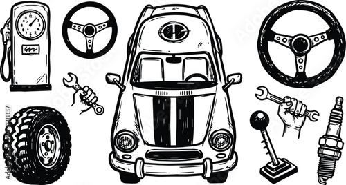 Line art vintage car front with racing stripes steering wheels tire wrench gas pump