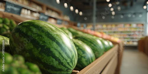 A fresh and vibrant view of watermelons displayed in a supermarket, attracting buyers with their appealing look. The watermelons are green, creating an eye-catching appeal