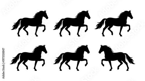 Black horse silhouette collection, set of 6 stallion vector icons, majestic equine animal shapes for logo design and equestrian branding