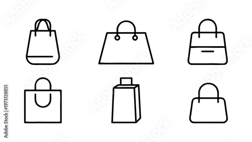 Minimalist shopping bag icons, set of 6 black line vector illustrations, modern fashion handbag and retail tote symbols for e-commerce
