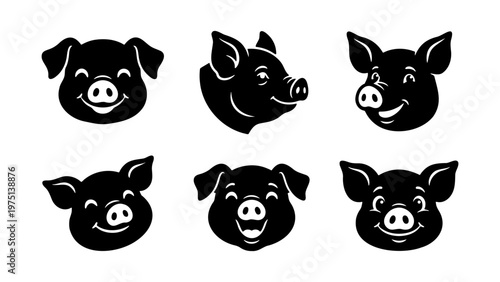 Pig head silhouette icons, set of 6 smiling piglet face vectors, black and white farm animal mascot illustrations for butchery and food branding