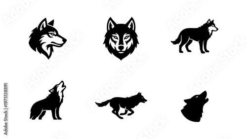 Wolf head and silhouette icons set, 6 black and white wolf vector elements, howling and running wild animal mascot logos for branding