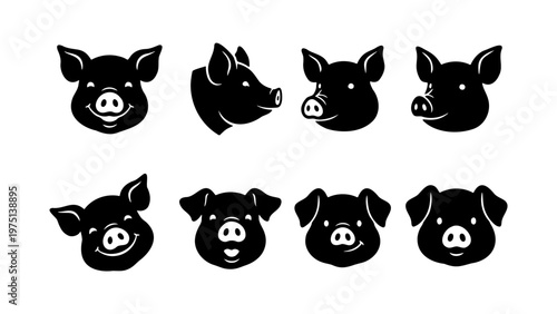 Pig head silhouette icons set, black swine face vector collection, 8 farm animal pork logo elements, minimalist livestock character graphics