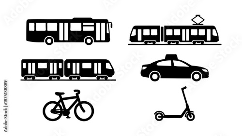 Public transport icons set, black silhouette city vehicle collection, urban transportation symbols including bus, train, tram, taxi, bicycle and scooter