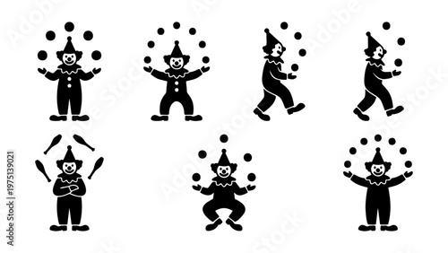 Circus clown juggling set, black silhouette performer icons, 7 vector elements of carnival entertainers, vintage circus character illustrations