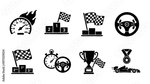 Racing car competition icons set, black silhouette motorsport symbols, 8 vector elements featuring checkered flags, winner trophy and speedometer