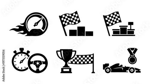 Racing car competition icons set, black silhouette motorsport symbols, 6 vector elements for automotive sports and tournament success