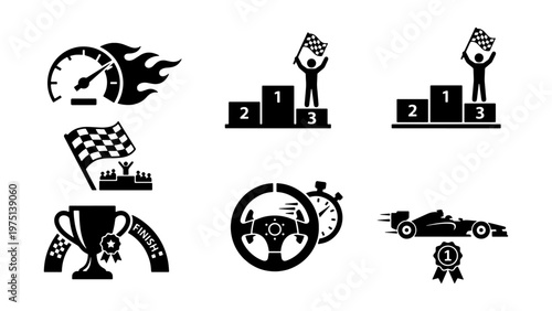 Racing car competition icons set, black silhouette motorsport symbols, professional auto racing championship elements, winner podium and trophy vector