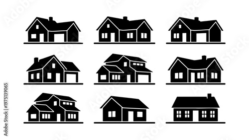 Minimalist house icons set, black silhouette residential building vector collection, 9 modern home exterior symbols for real estate and architecture