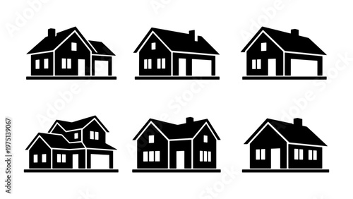 Minimalist house silhouette icons set, black residential building vector collection, modern home exterior symbols for real estate and architecture
