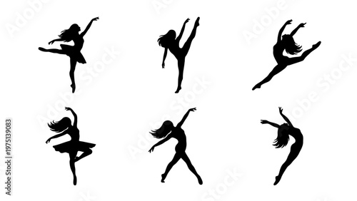Graceful ballerina silhouettes set, 6 elegant ballet dancer vector elements, black female dancing figures in motion, artistic performance poses