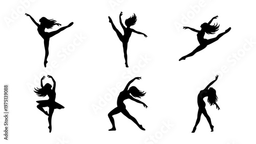 Graceful ballerina silhouettes set, elegant ballet dancer poses vector collection, black female dancer figures in motion for dance studio branding