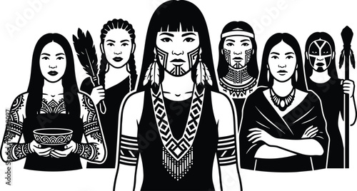 Six tattooed indigenous women in ceremonial pose