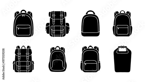 Black backpack icon set, 8 travel bag vector silhouettes, school rucksack and hiking pack collection, minimalist luggage symbols for web and print