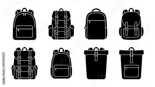 Black backpack icon set, 8 vector rucksack silhouettes for travel and school, minimalist luggage and bag collection for outdoor hiking and urban commuting
