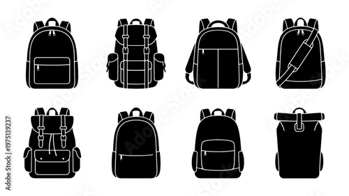Black backpack icon set, 8 vector rucksack silhouettes for travel and school, minimalist luggage symbols, outdoor hiking bag collection
