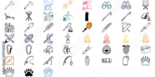 Mega Vector Icon Set of 51 Camping and Outdoor Adventure Icons. Minimalist flat line art bundle featuring tents, campfires, hiking gear, binoculars, axes, kayaks, backpacks, and survival tools.