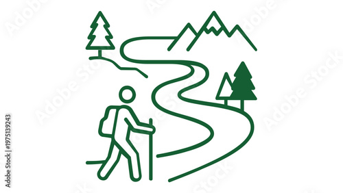 Minimalist Green Line Art Vector Illustration of a Hiker with Backpack and Walking Stick Trekking on a Winding Mountain Trail Through a Pine Forest, Perfect for Outdoor Adventure and Camping.