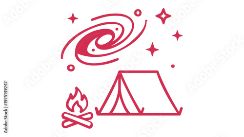 Minimalist camping outdoor vector icon illustration featuring a tent, campfire, and a spiral galaxy in the night sky. Scalable flat line art for travel, adventure, and stargazing designs.