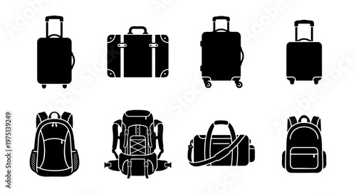 Travel luggage icon set, black silhouette suitcase and backpack collection, 8 vector baggage elements for tourism and vacation planning