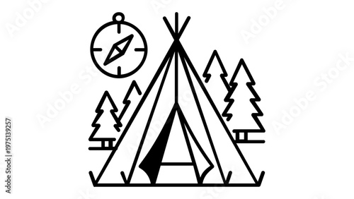 Minimalist vector illustration of a camping scene featuring a teepee tent, a compass for navigation, and pine trees in a forest, perfect for outdoor adventure and travel-themed graphic designs.