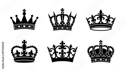 Royal crown silhouettes set, 6 black heraldic crowns and tiaras, vintage monarch headwear icons, elegant imperial jewelry vector collection
