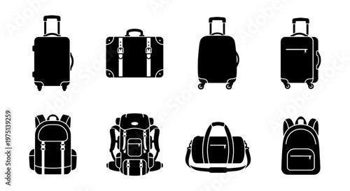 Travel luggage icon set, black silhouette suitcase and backpack vector collection, 8 baggage elements for vacation and trip planning