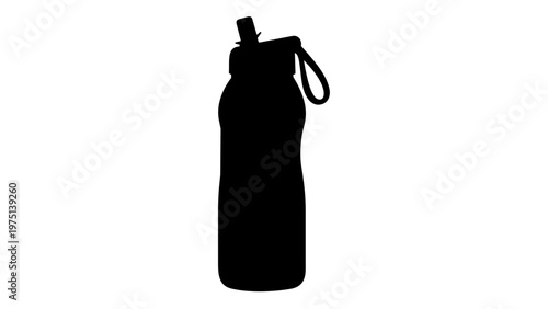 Black silhouette vector icon of a reusable water bottle or camping canteen with a carrying strap and spout, minimalist flat illustration for outdoor adventure, hiking, and sports hydration.
