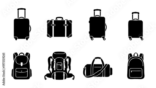 Travel luggage icon set, black silhouette suitcase and backpack collection, 8 vector elements for tourism and vacation trip planning