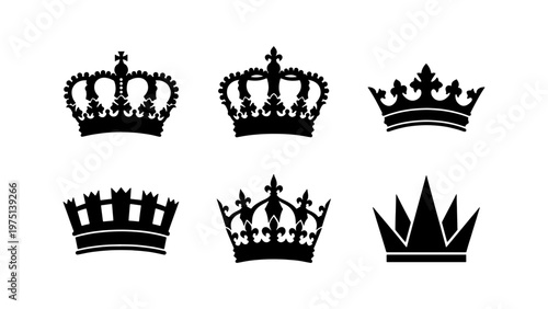 Royal crown silhouette collection, set of 6 black heraldic crowns, vintage king and queen headwear icons, majestic imperial coronet vectors